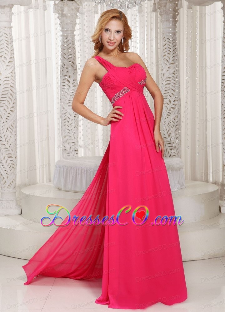 One Shoulder Ruched Bodice Customize Prom Dress With Beading Chiffon Watteau Train