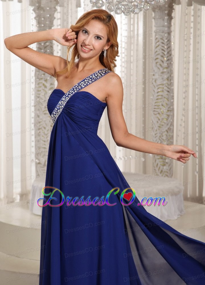 One Shoulder Navy Blue Empire With Beading Celebrity Dress For Formal Evening