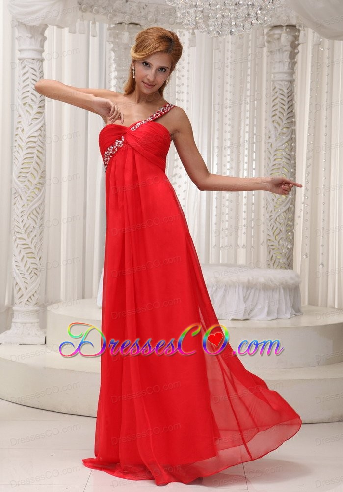 Beaded Decorate One Shoulder Red Chiffon Long For Prom Dress