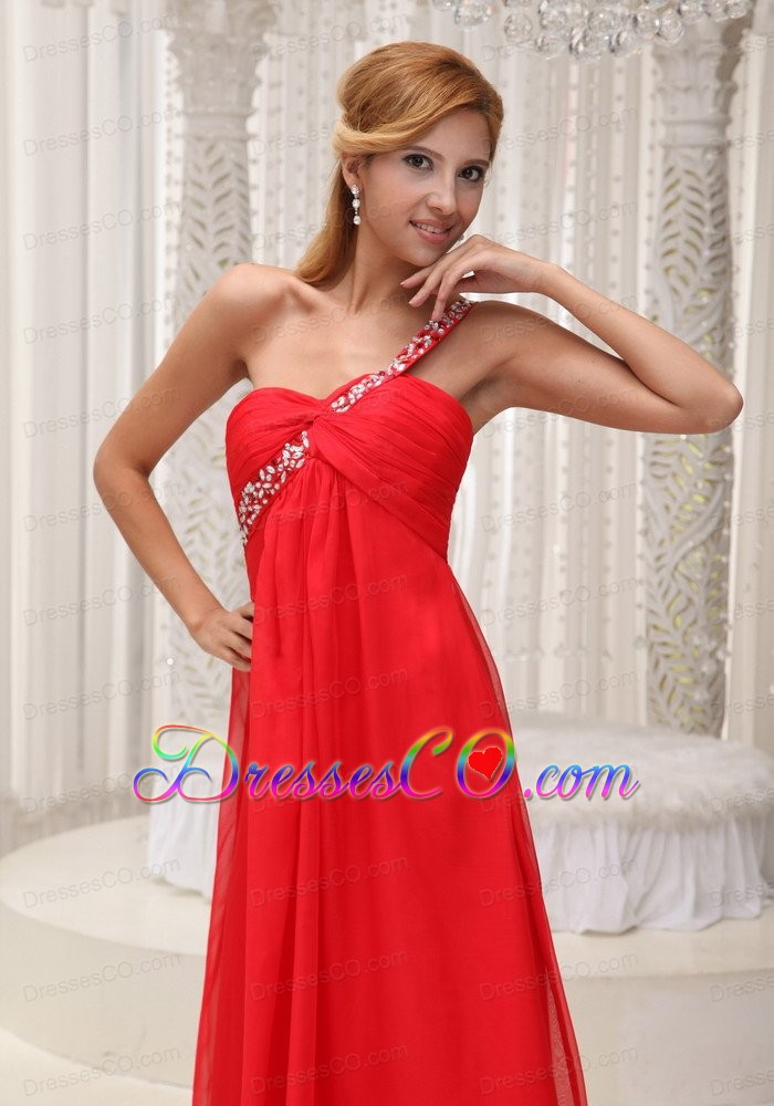 Beaded Decorate One Shoulder Red Chiffon Long For Prom Dress