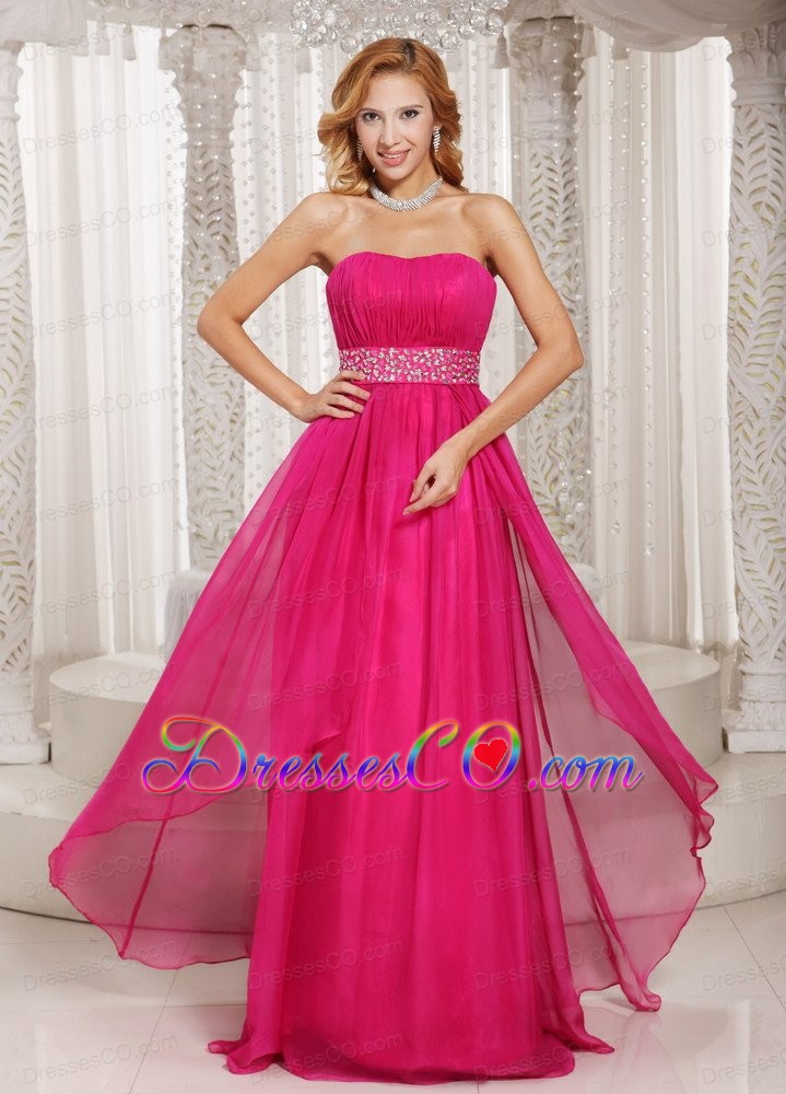 Hot Pink Column Strapless Beading and Ruche Prom Dress Party Style