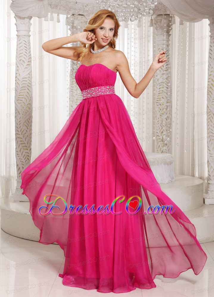 Hot Pink Column Strapless Beading and Ruche Prom Dress Party Style