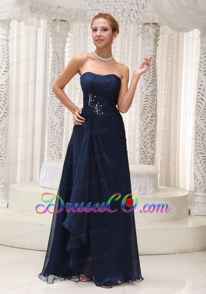 Modest Strapless Navy Blue Chiffon For Bridesmaid Dress Beaded Decorate Waist