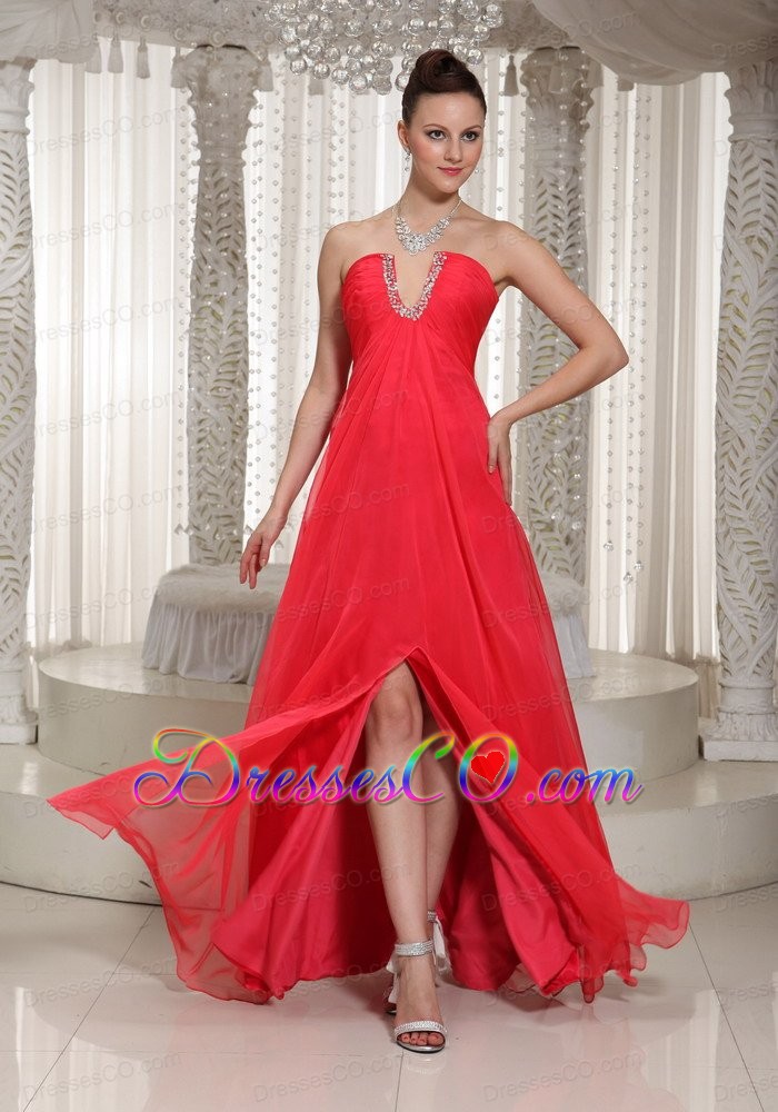 High Slit Coral Red V-neck Long Prom Dress With Chiffon