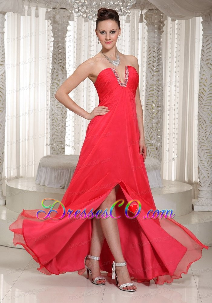 High Slit Coral Red V-neck Long Prom Dress With Chiffon