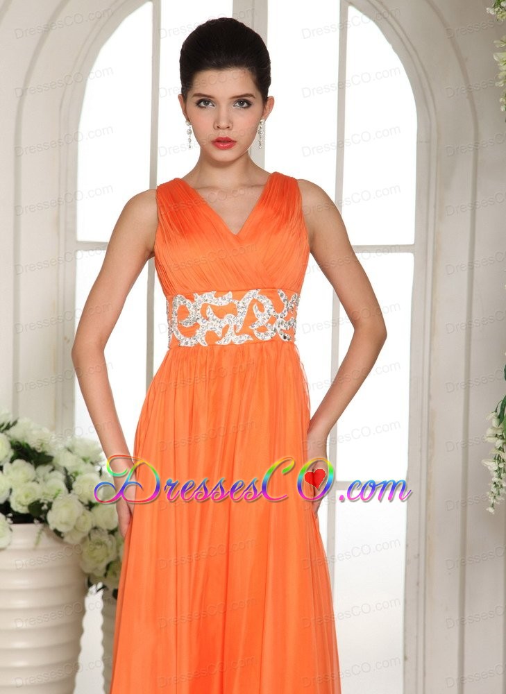 Orange Red V-neck Ruched Decorate Bust and Beading Popular Prom Celebrity Dress