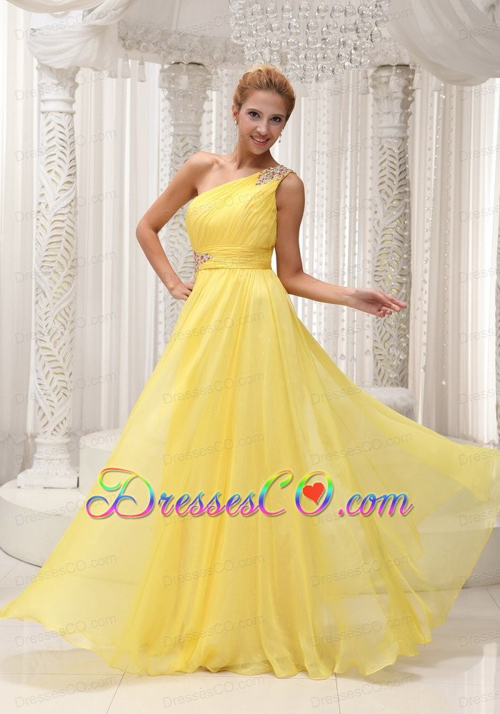 Beaded Decorate One Shoulder And Waist Ruched Bodice Yellow Chiffon Custom Made Long Prom / Evening Dress For 2013