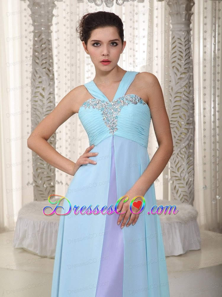 Blue And Lavender Empire Straps Long Chiffon Beading Prom Dress
