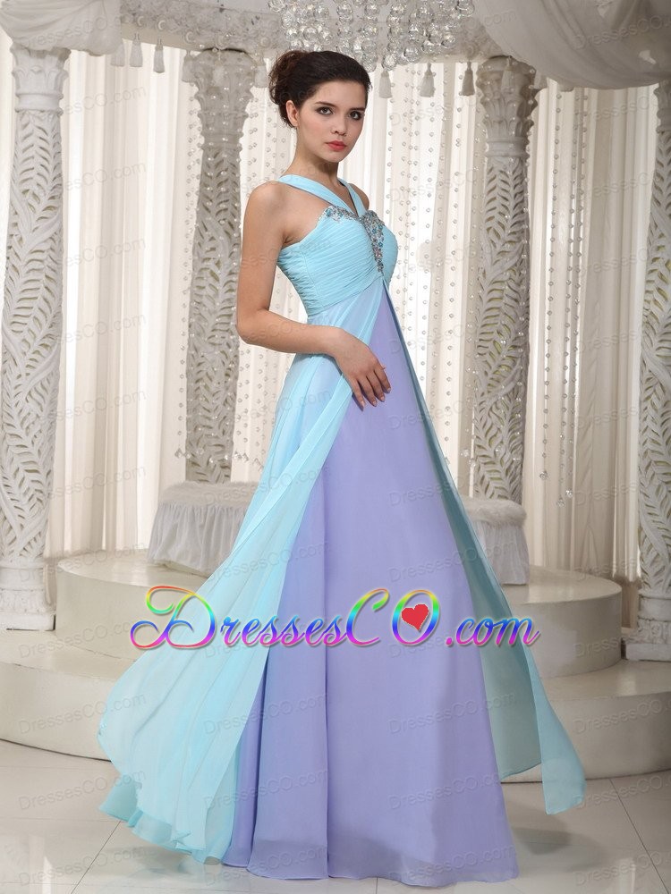 Blue And Lavender Empire Straps Long Chiffon Beading Prom Dress