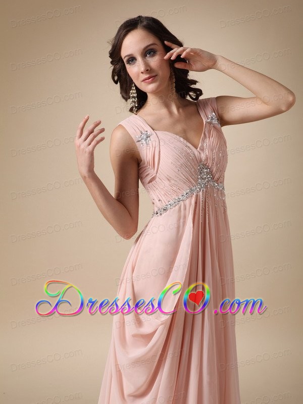 Baby Pink Empire Straps Court Train Chiffon Beading Prom / Evening Dress