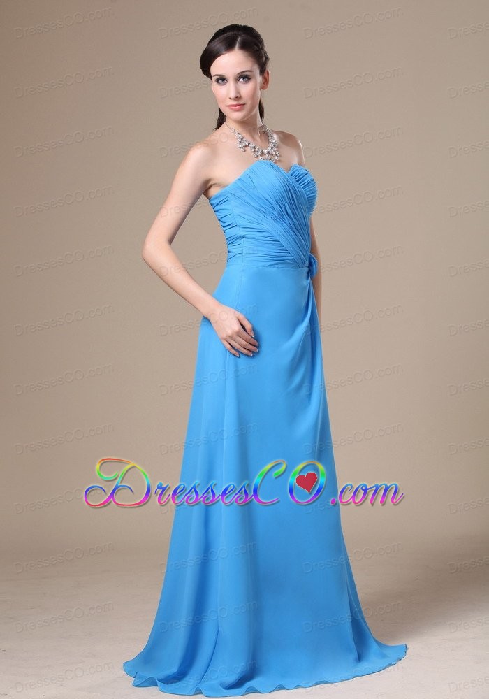 Teal High Slit Neckline Ruche and Flowers Decorate Bridesmaid Dress