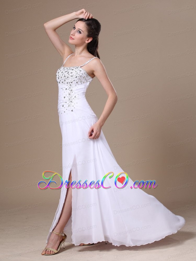 High Slit Column Beaded Decorate Shoulder Customize Straps Chiffon Prom Dress