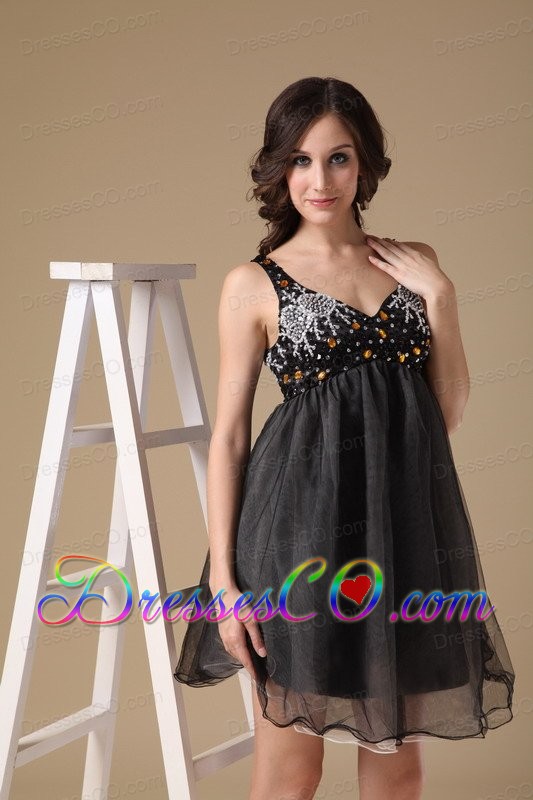 Cute Black A-line Straps Organza Beading Evening Dress Mini-length