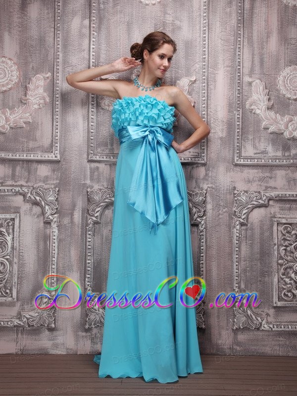 Aqua Blue Empire Strapless Brush Train Chiffon Bowknot Prom / Evening Dress
