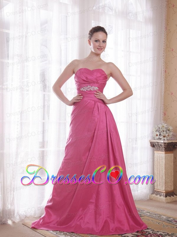 Rose Pink A-Line / Princess Court Train Taffeta Beading Prom Dress