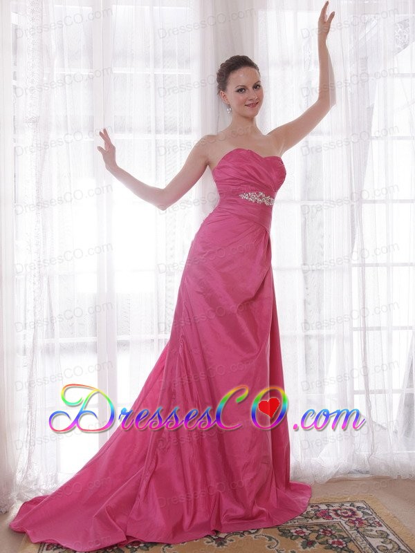 Rose Pink A-Line / Princess Court Train Taffeta Beading Prom Dress