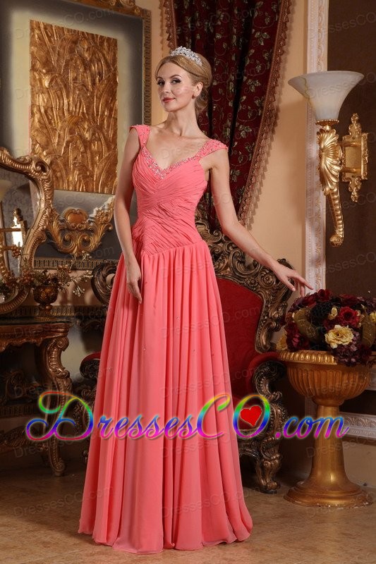 Watermelon Column / Sheath V-neck Long Chiffon Beading Prom Dress
