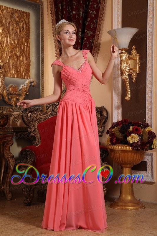 Watermelon Column / Sheath V-neck Long Chiffon Beading Prom Dress