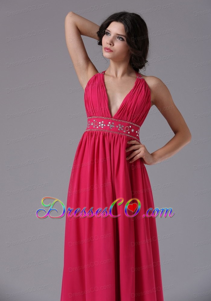 Coral Red Halter For Prom Dress In Brentwood California With Beaded Decorate Waist