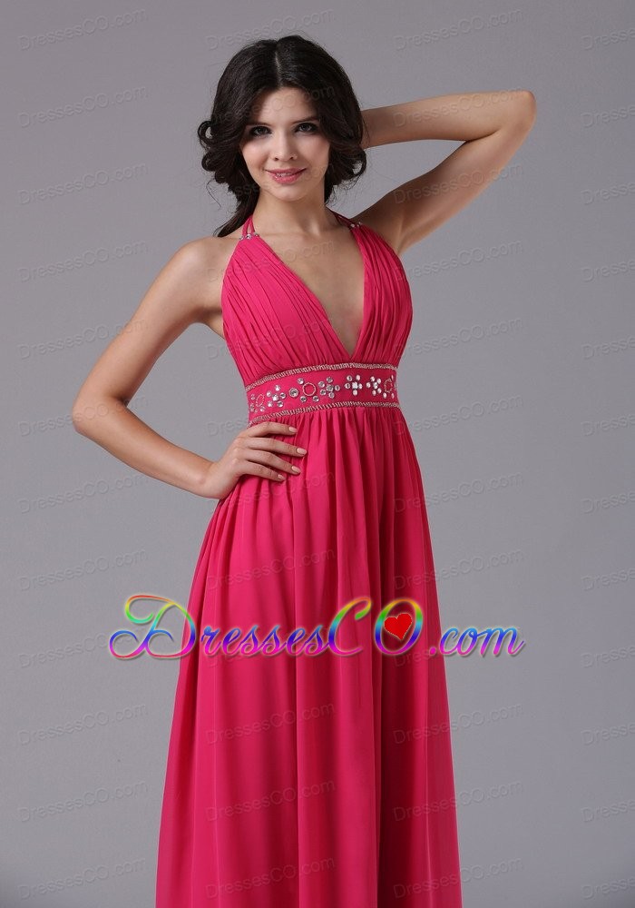 Coral Red Halter For Prom Dress In Brentwood California With Beaded Decorate Waist