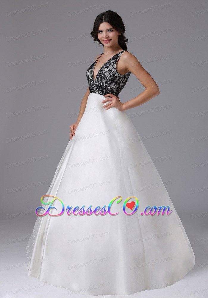 Custom Made V-neck A-line For Prom Dress With Lace and Organza
