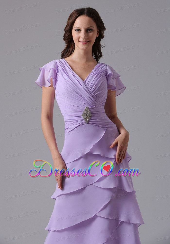 Lavender V-neck Ruffled Layers Prom Dress With Beading and Ruche