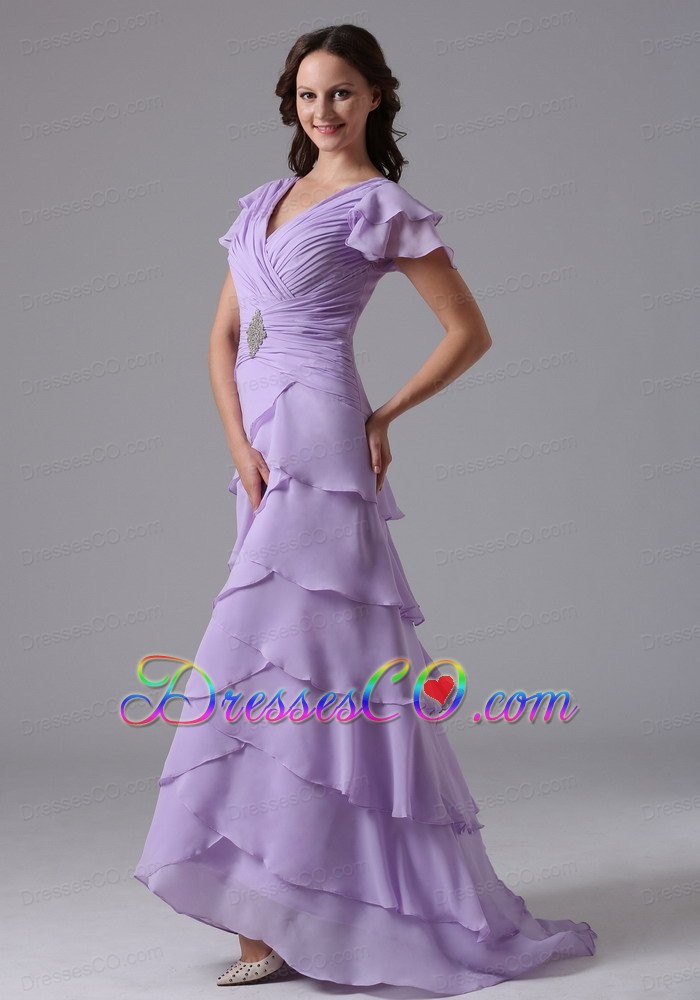 Lavender V-neck Ruffled Layers Prom Dress With Beading and Ruche