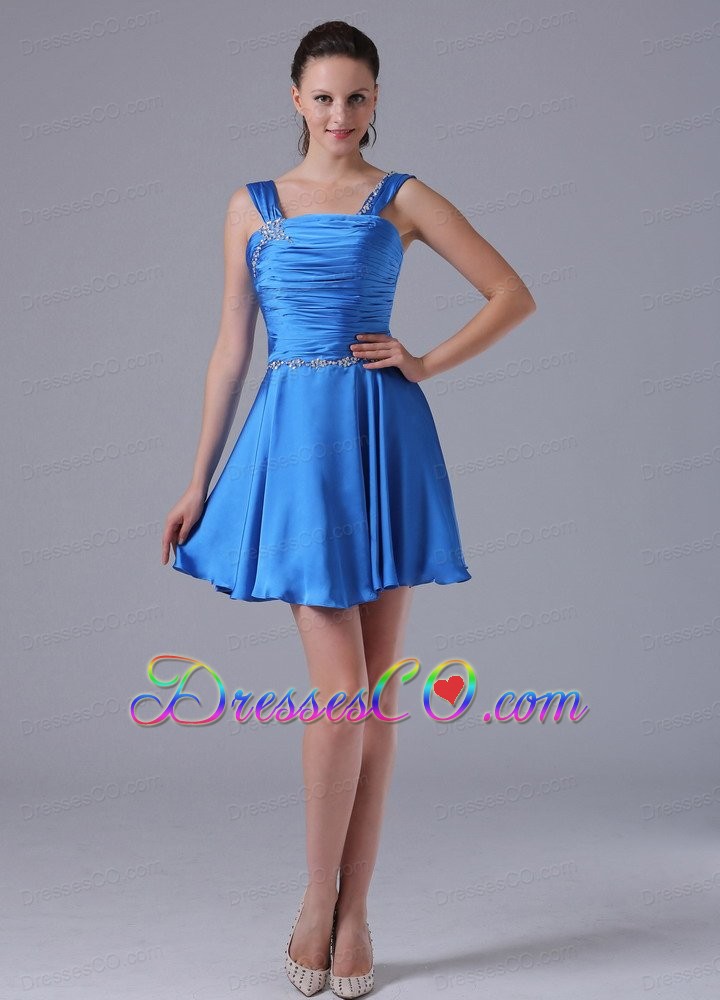 A-line Straps Ruched Decorate Bust Prom Cocktail Dress With Beading