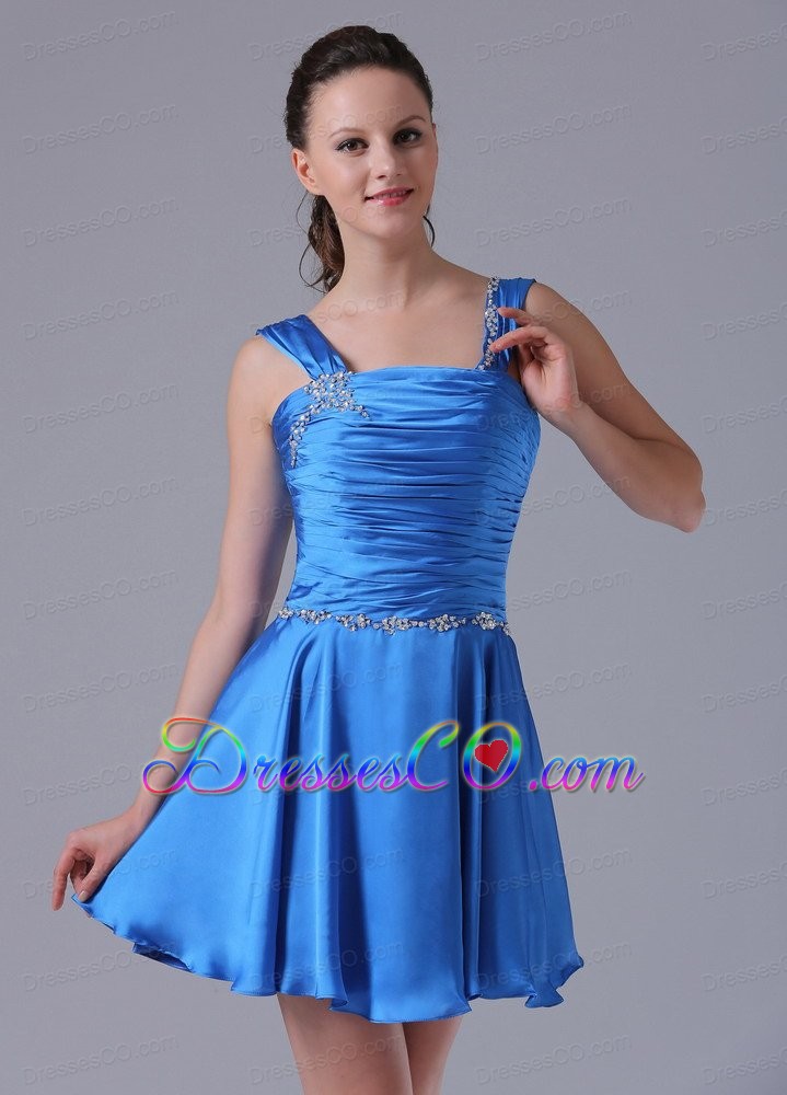A-line Straps Ruched Decorate Bust Prom Cocktail Dress With Beading