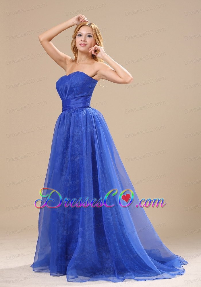 Blue Organza Strapless Brush Train Column Simple Style Plus Size Prom / Evening dress
