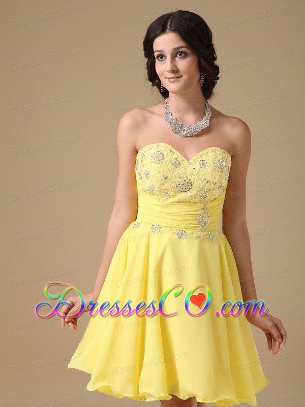 Yellow A-line Mini-length Chiffon Beading Prom Dress