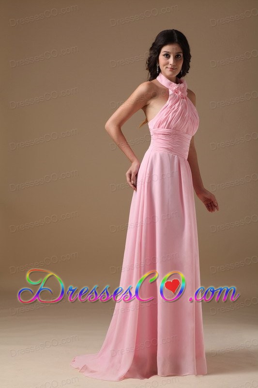 Pink Empire Halter Top Brush Train Chiffon Prom Dress
