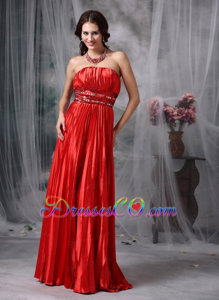 Luxurious Red Column Strapless Taffeta Pleat Beading Evening Dress Long