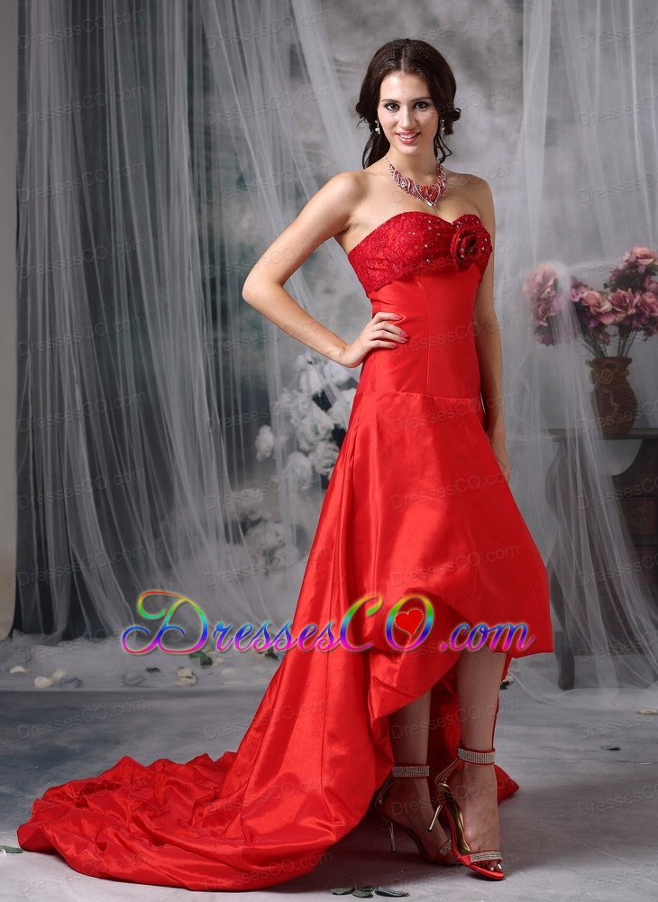 Customize Red A-line Cocktail Dress High-low Taffeta Hand Made Flowers
