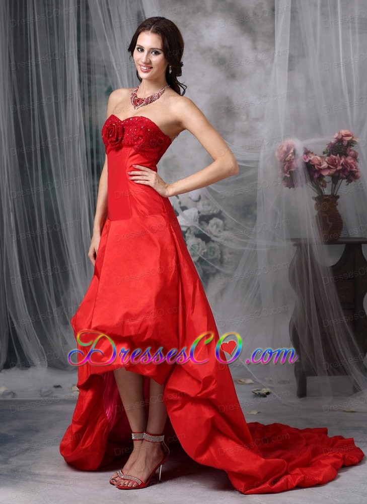 Customize Red A-line Cocktail Dress High-low Taffeta Hand Made Flowers