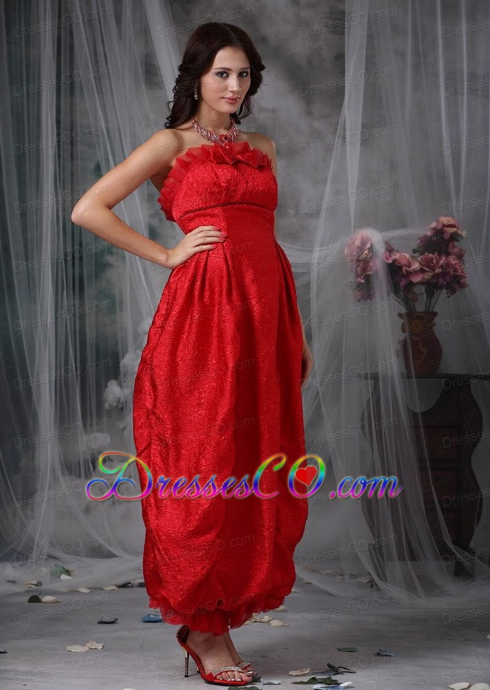 Red Column Strapless Ankle-length Organza Bow Prom Dress