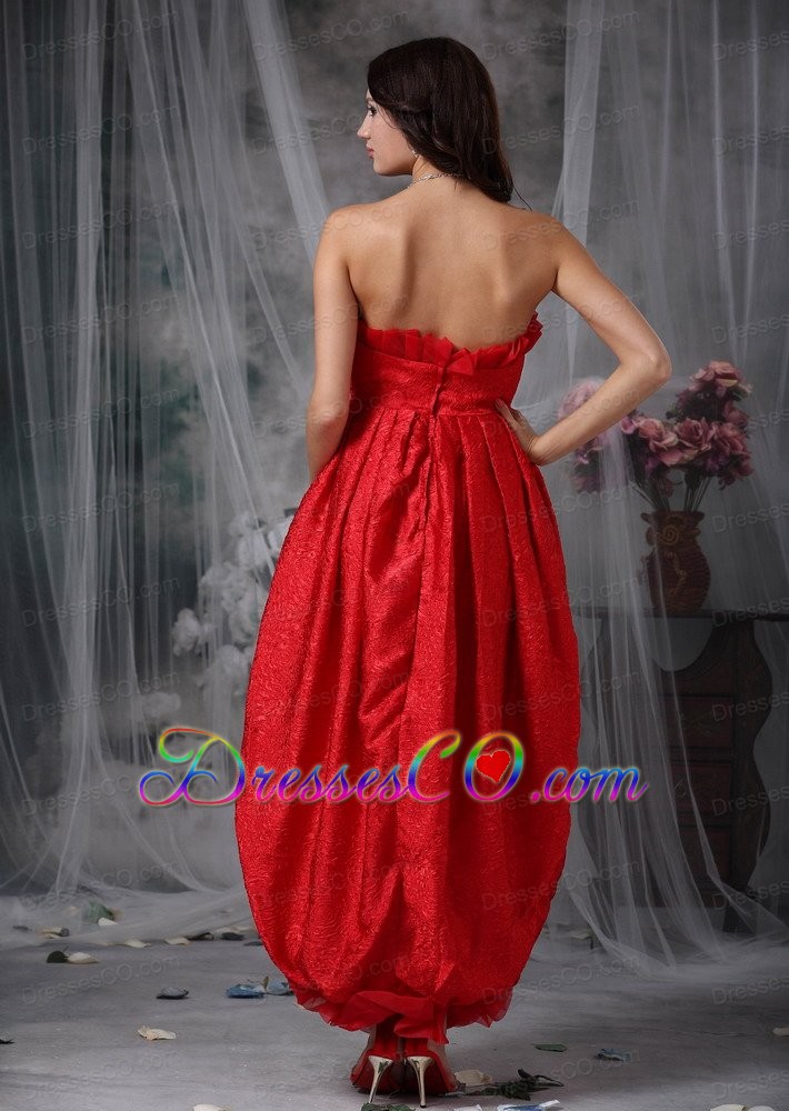 Red Column Strapless Ankle-length Organza Bow Prom Dress