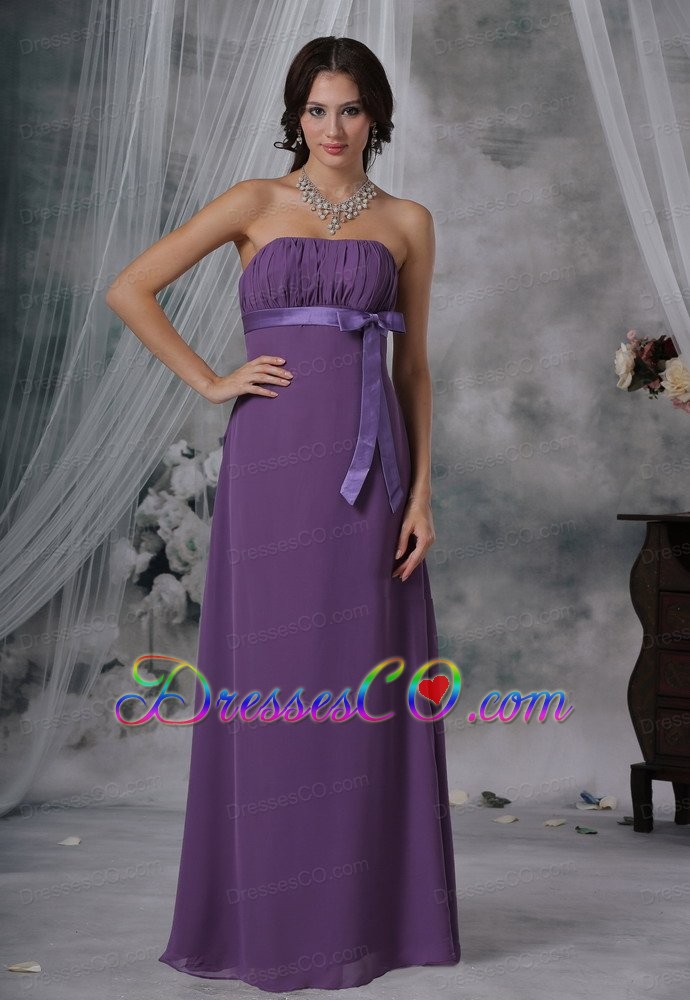 Shenandoah Iowa Ruched And Bowknot Decorate Bust Purple Chiffon Long Strapless For Bridesmaid Dress