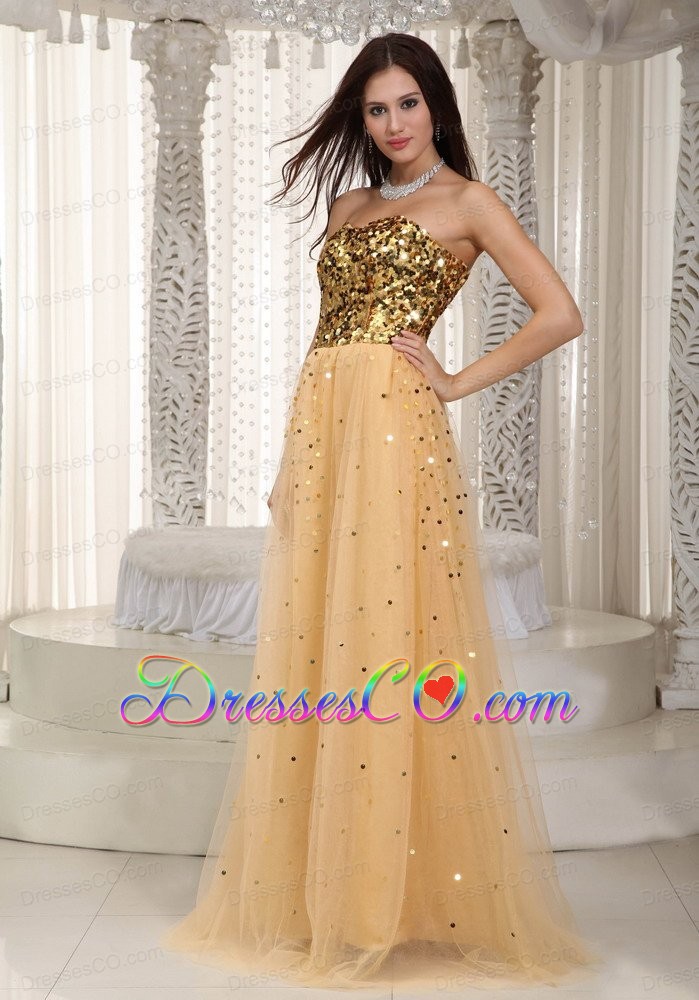 Gold Empire Brush Train Tulle Sequins Prom Dress