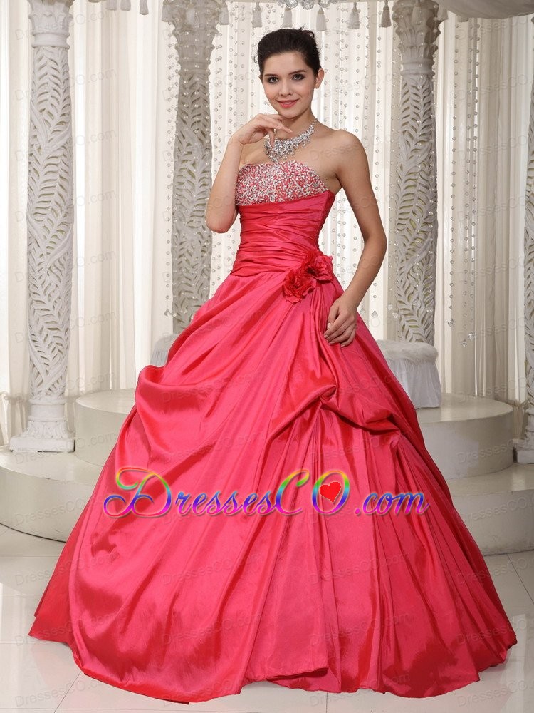 Coral Red A-line Strapless Long Taffeta Beading Prom / Evening Dress