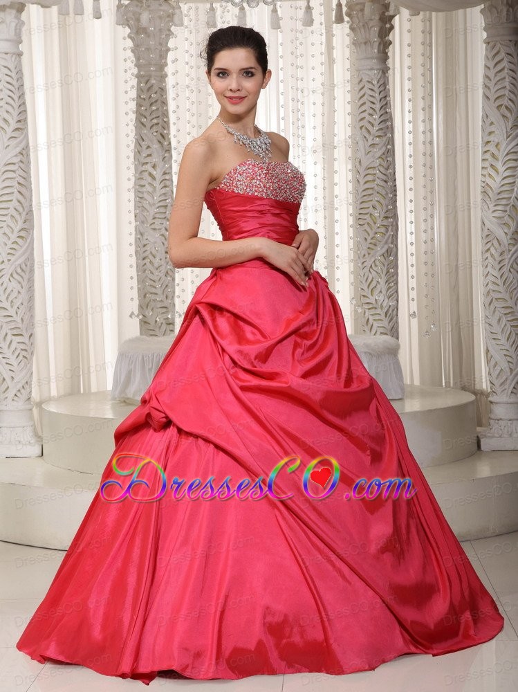 Coral Red A-line Strapless Long Taffeta Beading Prom / Evening Dress