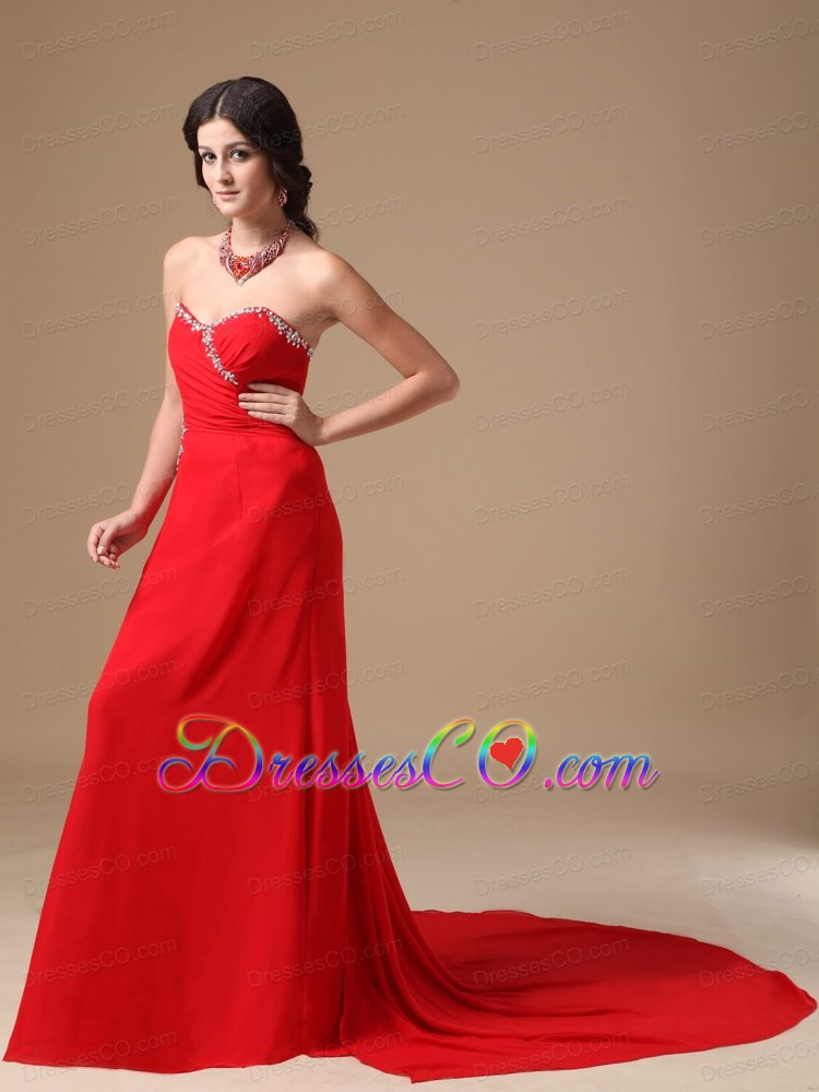 Red Column Court Train Chiffon Beading Prom Dress