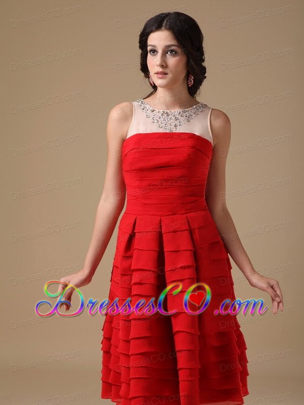 White And Red A-line Bateau Knee-length Chiffon Beading Prom Dress