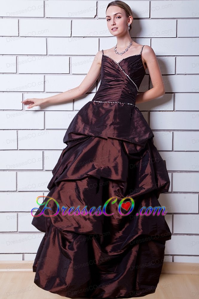 Brown A-line Straps Long Taffeta Beading Mother Of The Bride Dress