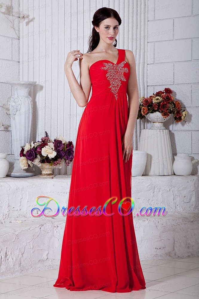 Red Empire One Shoulder Prom / Evening Dress Chiffon Beading Long