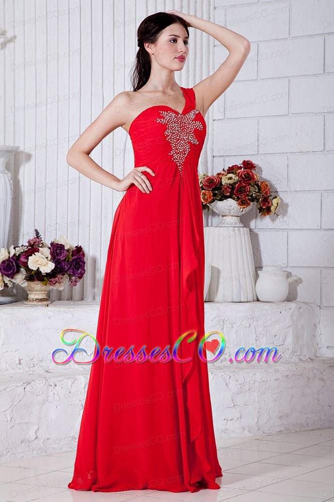 Red Empire One Shoulder Prom / Evening Dress Chiffon Beading Long