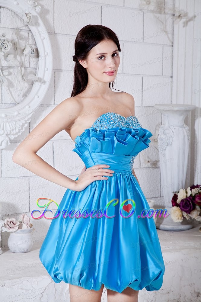 Aqua Blue A-line / Princess Strapless Short Prom Dress Taffeta Beading Mini-length