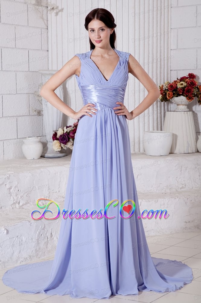 Lilac Empire V-neck Beading Prom / Evening Dress Brush Train Chiffon