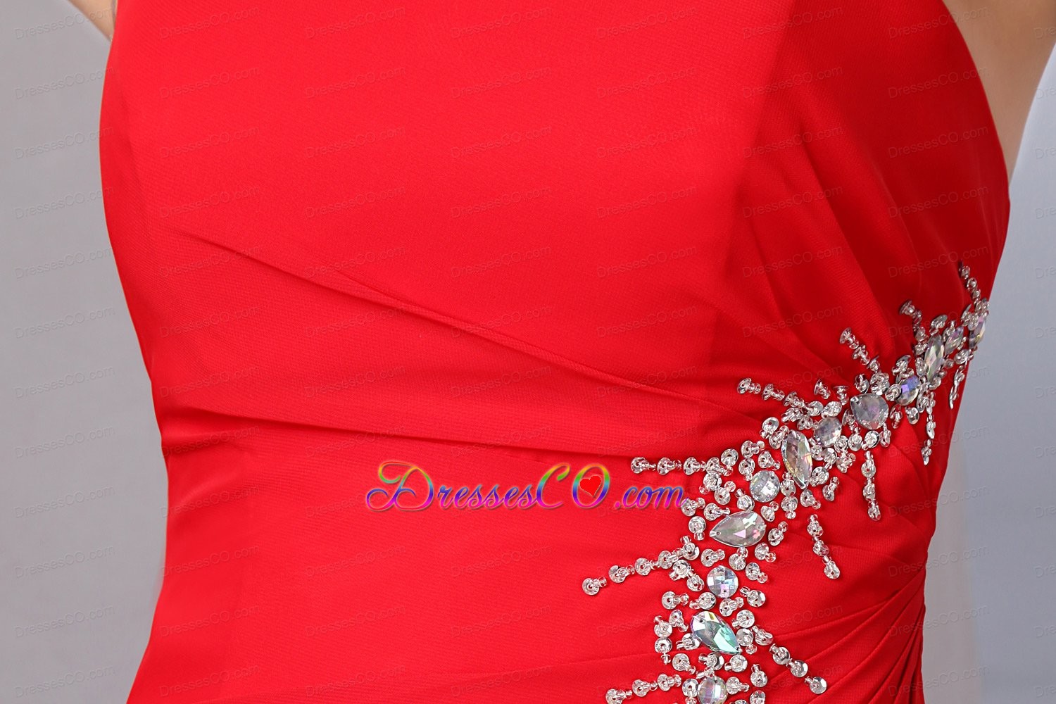 Beautiful Red One Shoulder Chiffon Prom Dress With Silver Beading On Top Side