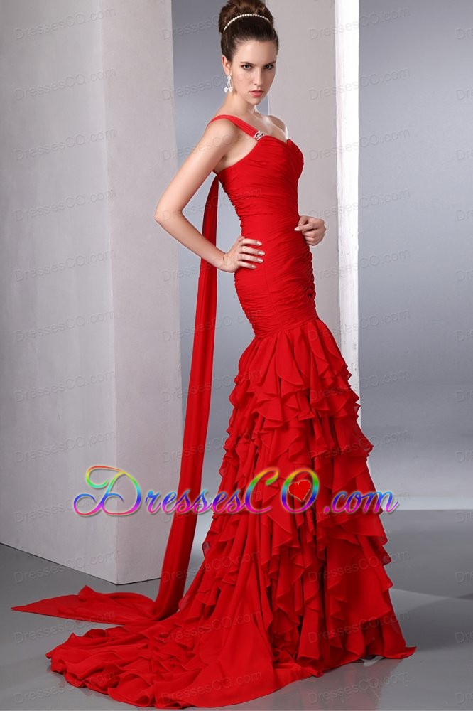 Bright Red One Shoulder Watteau Train Prom Dress with Many Ruffles